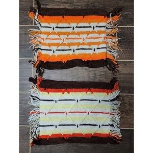 Vintage Handmade Crocheted Striped Orange Yellow Brown Afghan Pillow Cover-Pair